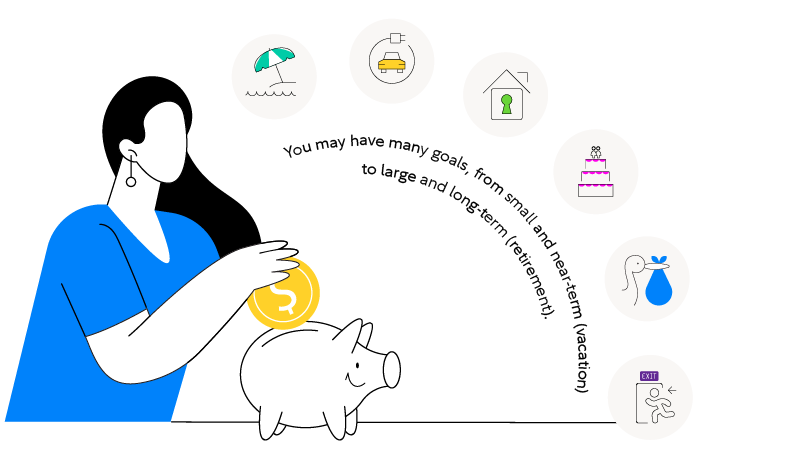 Illustration shows a range of financial goals, from small and near-term like vacation, to large and long-term, like retirement. Other financial goals may include buying a car or house, planning a wedding, or planning to expand your family.